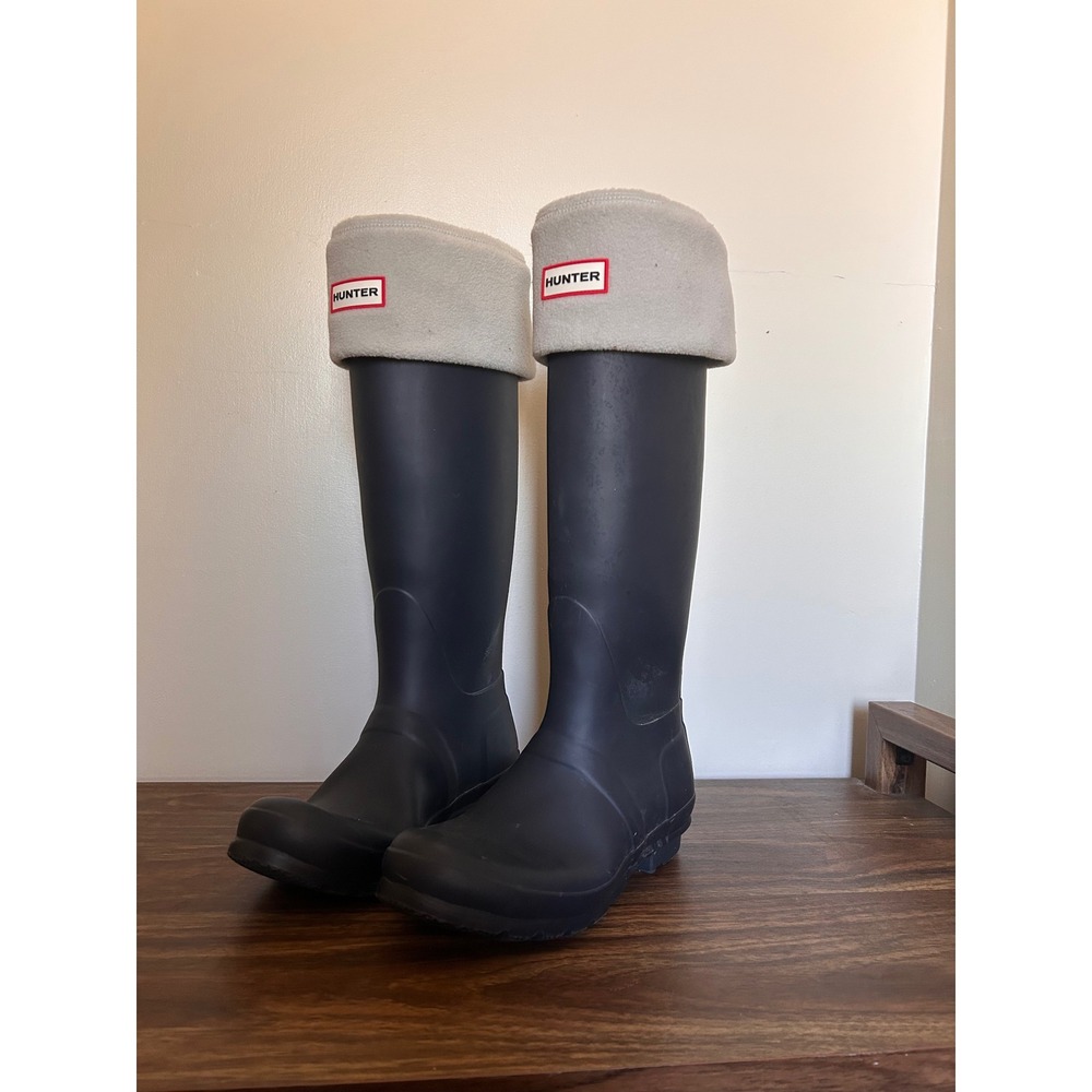 Hunter Original Tall Rain Boots Navy Blue with Grey Fleece Socks Womens 8 US